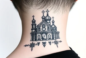 medium traditional russian orthodox church with russian coat arms and virgin mary on the side of your neck tattoo idea