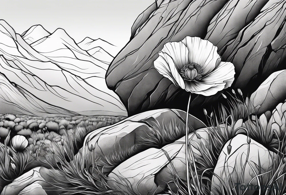 Lone  poppy growing out of boulder with roots enveloping rock tattoo idea
