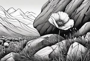 Lone  poppy growing out of boulder with roots enveloping rock tattoo idea