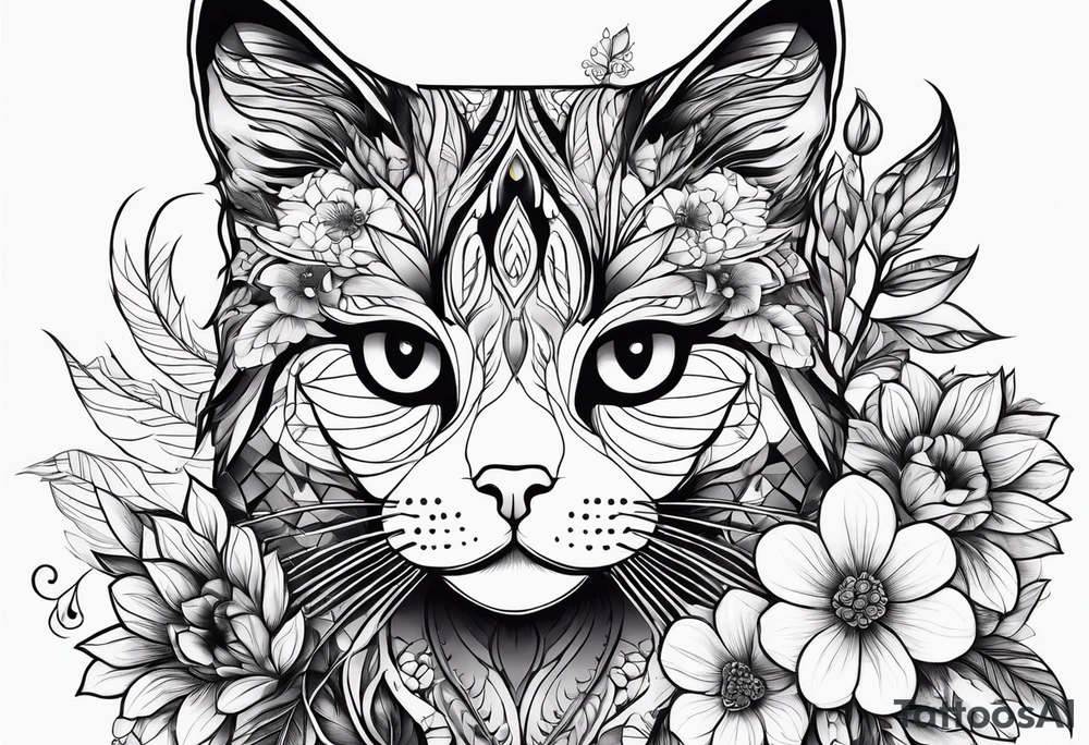 Make me a cat with fine features with flowers around it tattoo idea Make me a cat with fine features with flowers around it tattoo idea