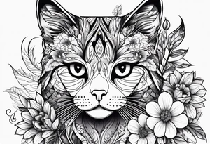 Make me a cat with fine features with flowers around it tattoo idea