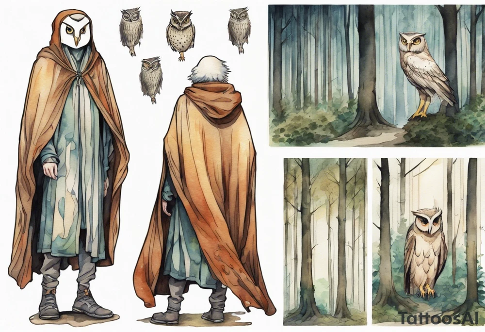 a tall thin man in a  medeival cloak wearing an owl mask walking in a forest tattoo idea