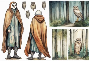 a tall thin man in a  medeival cloak wearing an owl mask walking in a forest tattoo idea