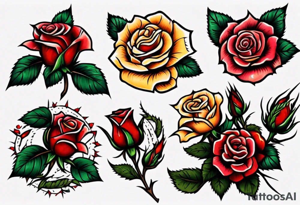 American Traditional rose with three american traditional flowers around it tattoo idea