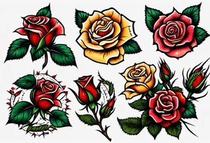 American Traditional rose with three american traditional flowers around it tattoo idea