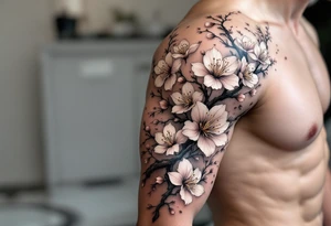 delicate cherry blossoms swirling in spring breeze with petals tattoo idea