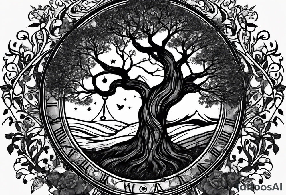 circle of life tree
the roots of the tree wrapped around a hour glass sand timer
the hour glass sand timer is below the tree with the roots wrapped around tattoo idea