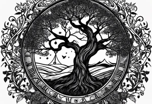 circle of life tree
the roots of the tree wrapped around a hour glass sand timer
the hour glass sand timer is below the tree with the roots wrapped around tattoo idea