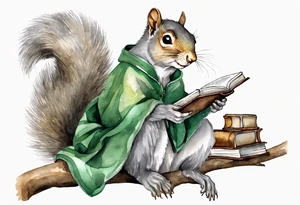 a solitary female grey squirrel dressed in a grey and green tunic sitting on a tree branch reading an ancient tome tattoo idea