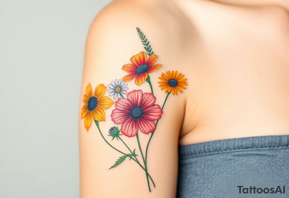 Create an image of an upper arm tattoo (from shoulder cap to just above the elbow) comprised of California poppies, California blackberries, gray’s lupine, marsh marigold, Indian paintbrush, one daisy, and an orange and orange blossom. Use color tattoo idea