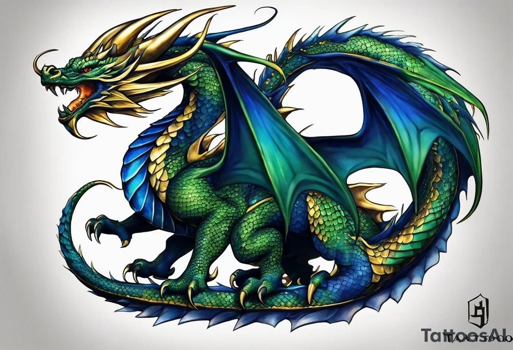 An epic dragon, its body coiling dynamically, with scales and horns detailed to create a sense of movement and strength. The dragon's main color is dark blue but features accents in green, blue, and gold, giving a vibrant depth and a mystical aura. This tattoo highlights the dragon’s fierce expression and sharp claws as it wraps protectively around the leg. It doesn't have wings. Style: Realism tattoo idea