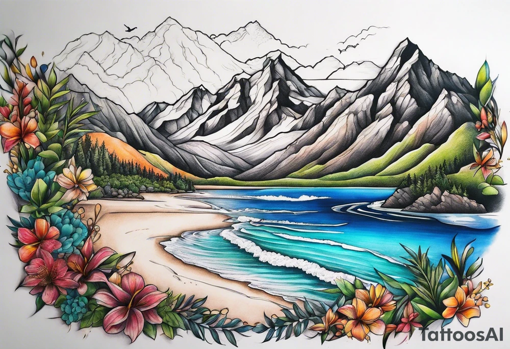 Beach and mountains tattoo idea