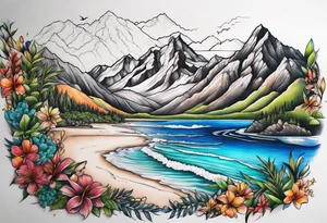 Beach and mountains tattoo idea