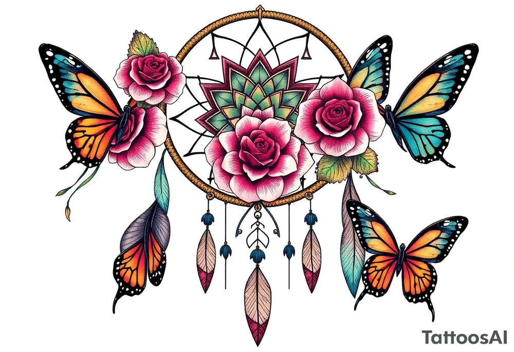 Dreamcatcher roses and butterflies tattoo idea