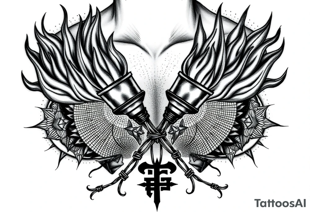 Large blackwork chest and neck tattoo. Two big crossed torches in the center of the chest, tightly wrapped in detailed barbed wire. Intense black flames rise upward from the torches, going high above the neck. The tattoo is massive, fully filled, no empty space. Background filled with dotwork, radial patterns, dark textures similar to the attached reference style. Strong geometric and ornamental filling along the collarbones. At the bottom, large bold letters 'БЛЦС' in a heavy gothic or blocky blackwork font. Entire tattoo done only in black ink, very high detail, dramatic, brutal, symmetrical composition, blackwork / dotwork / engraving style. tattoo idea