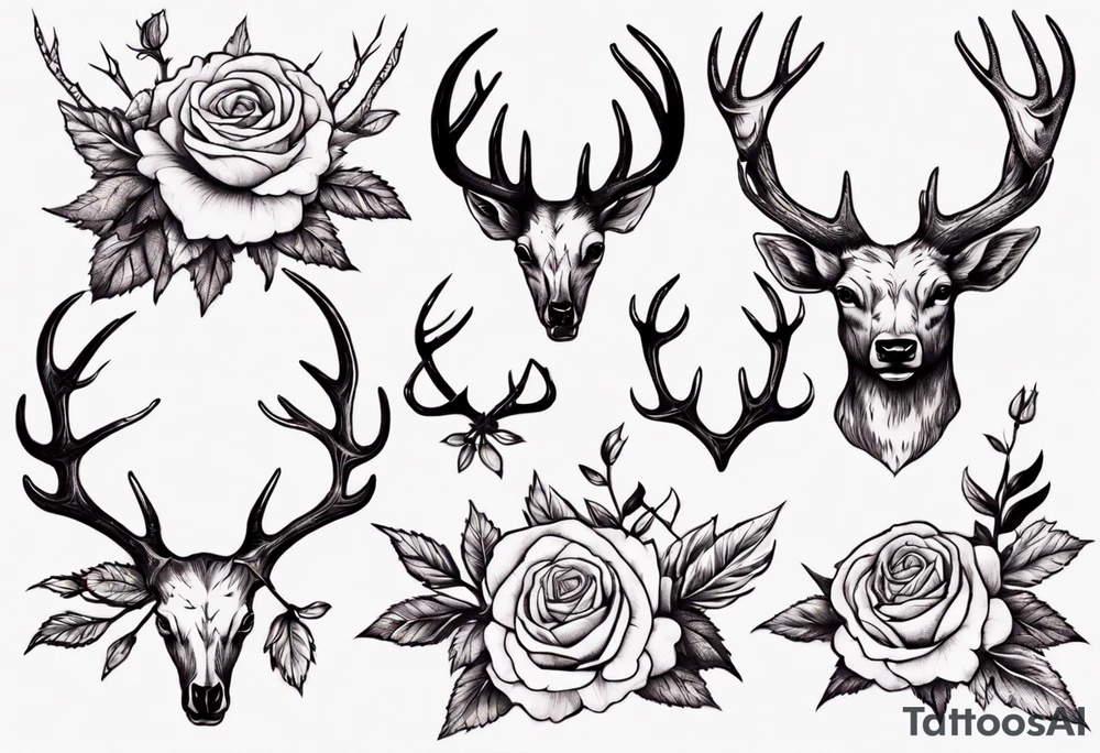Antlers with bramble and roses tattoo idea