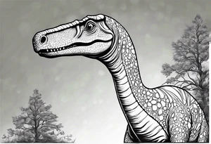 A cartoon brachiosaurus wearing a white bedsheet on its head dressed up like a ghost tattoo idea