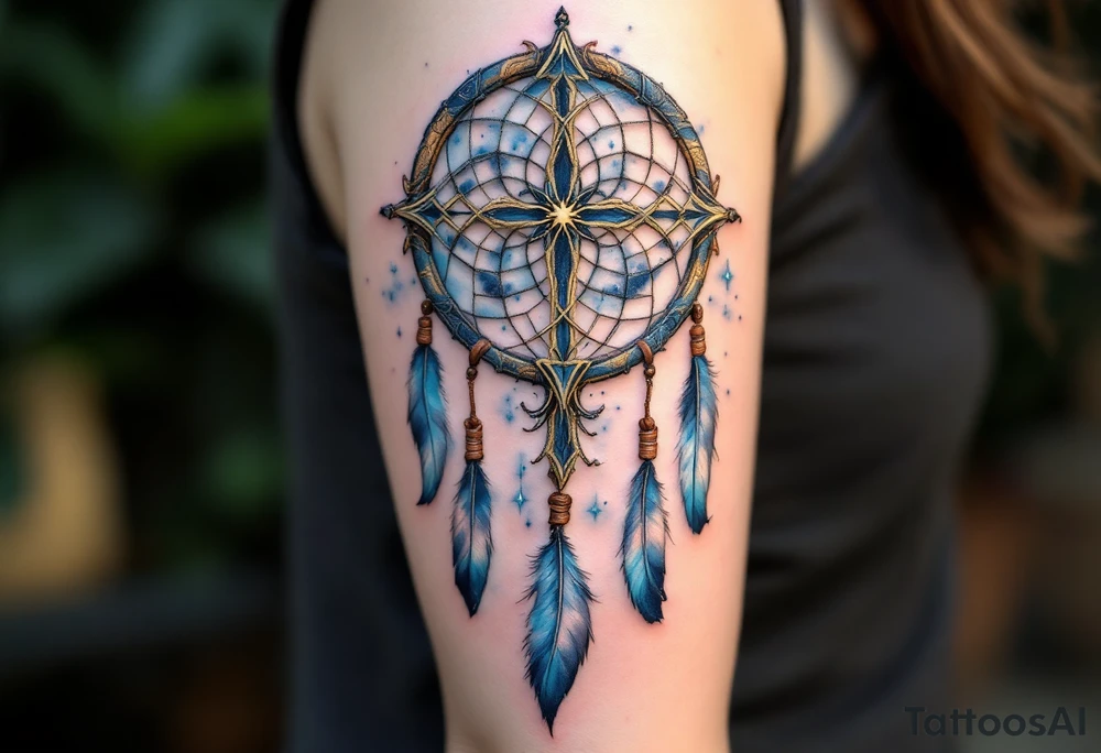 A Celtic cross fused with a dreamcatcher, decorated with brown leather straps and blue and white feathers. tattoo idea