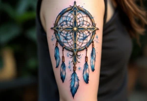 A Celtic cross fused with a dreamcatcher, decorated with brown leather straps and blue and white feathers. tattoo idea