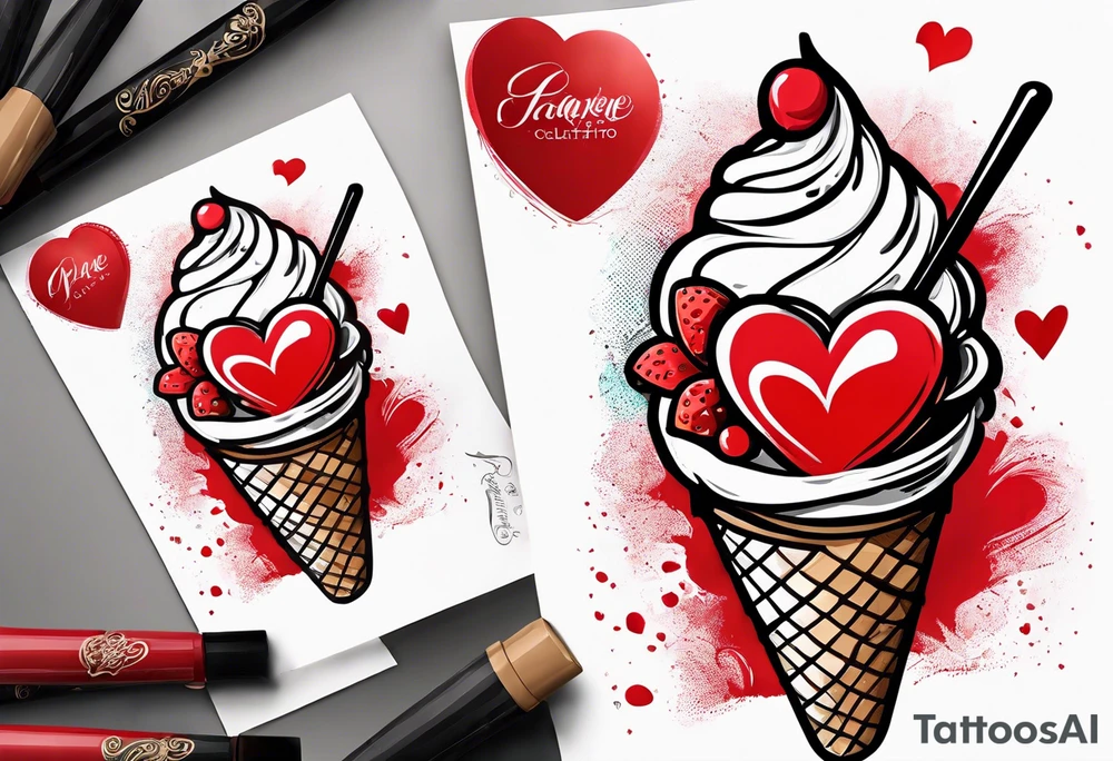 sketch chocolate chip ice cream cone with one red heart tattoo idea