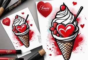sketch chocolate chip ice cream cone with one red heart tattoo idea