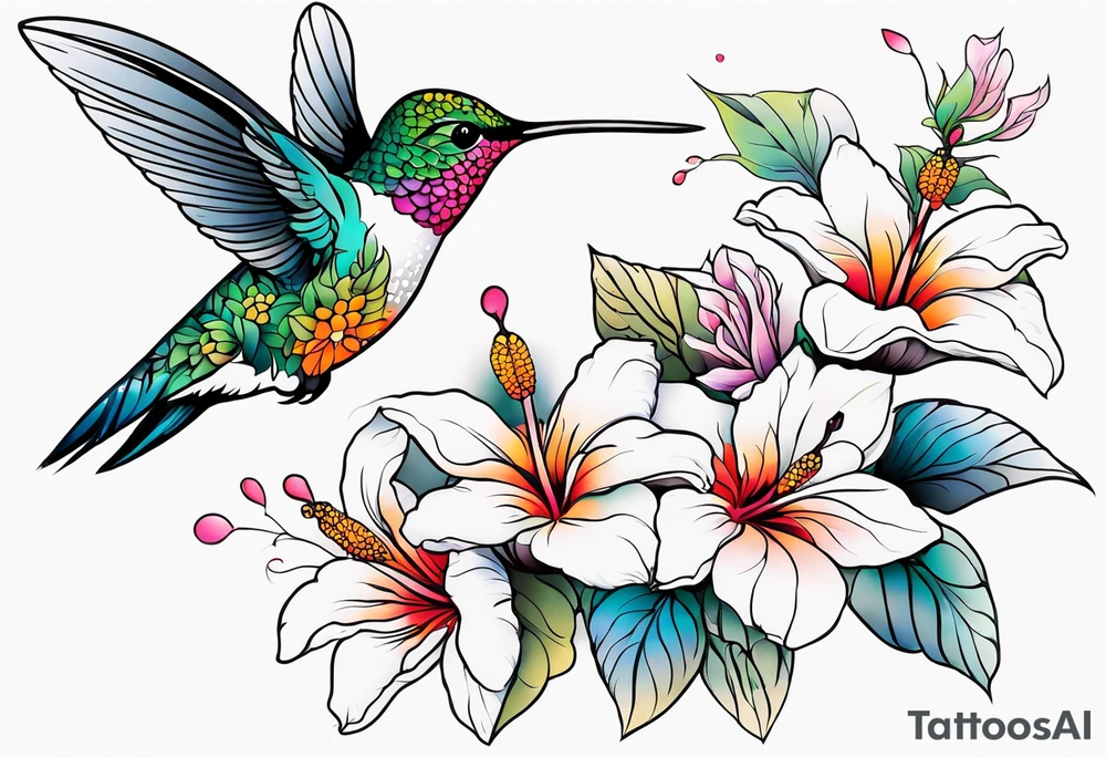 botanical, flowers, colorful, different, hummingbird tattoo idea