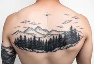 powerful ocean and forrest with rainy clouds with lighting sleeve for arm and stars and clouds tattoo idea