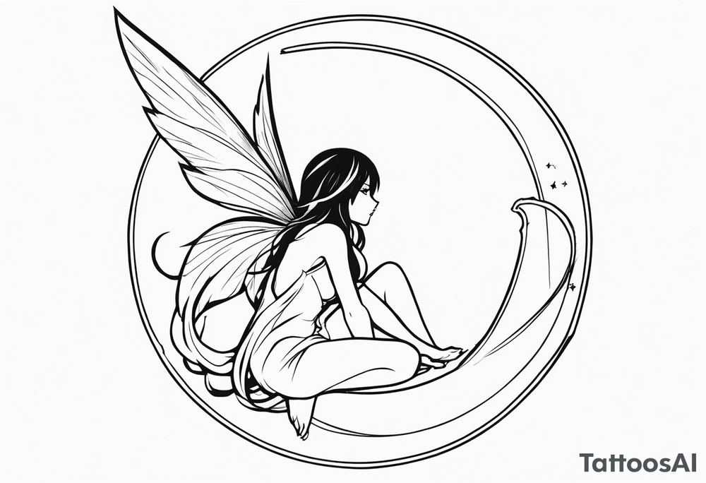 No color sketch of a fairy with a tail inspired by the guild symbol in the anime show called Fairy Tail in a fetal position leaning forward while crawled in and her body is an angle while floating in the air with big wings tattoo idea