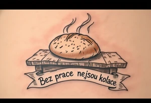 "Bez prace nejsou kolace." — A traditional loaf of bread steaming over a rustic table, inked in sepia tones, with the quote in banner style underneath. tattoo idea