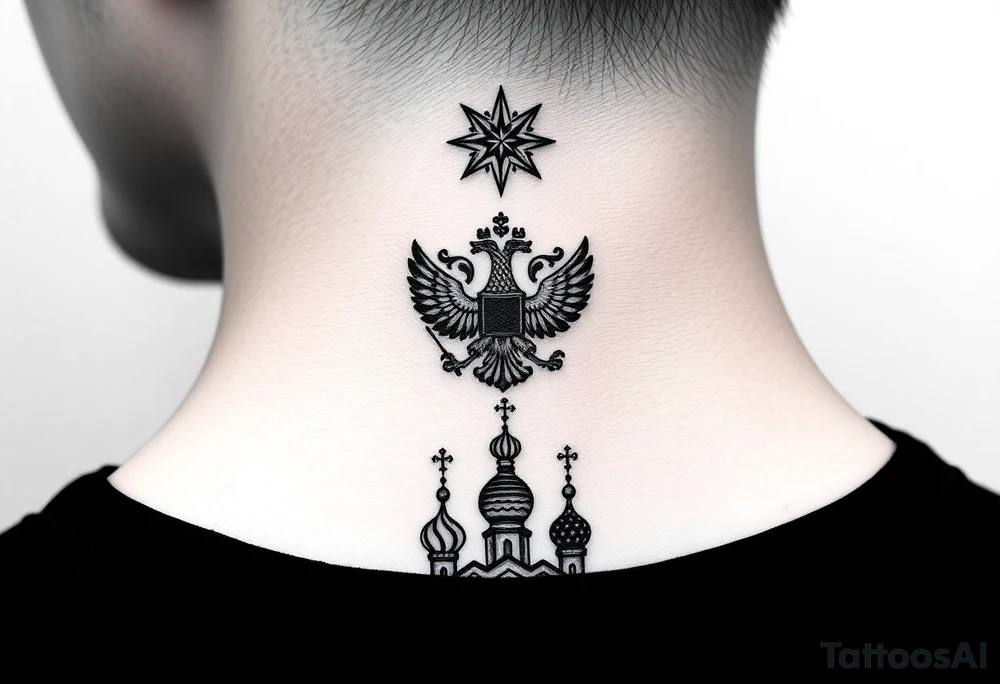 Stacked Vertical Column 

Russian star — small, bold
Middle: Miniature double-headed eagle — simplified, cleaner lines to suit the smaller space
Bottom: Orthodox church dome(s) with a small Virgin Mary silhouette beneath tattoo idea