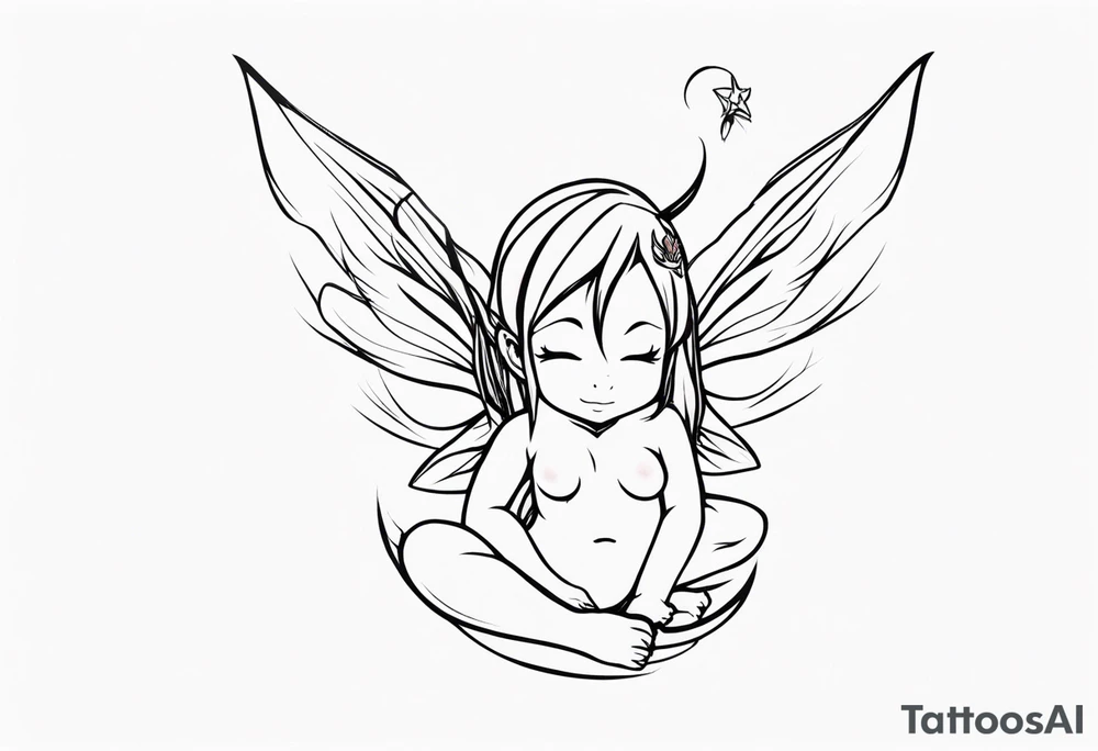 A fairy with a tail inspired by the logo of the anime show called Fairy Tail in a fetal position leaning in tattoo idea