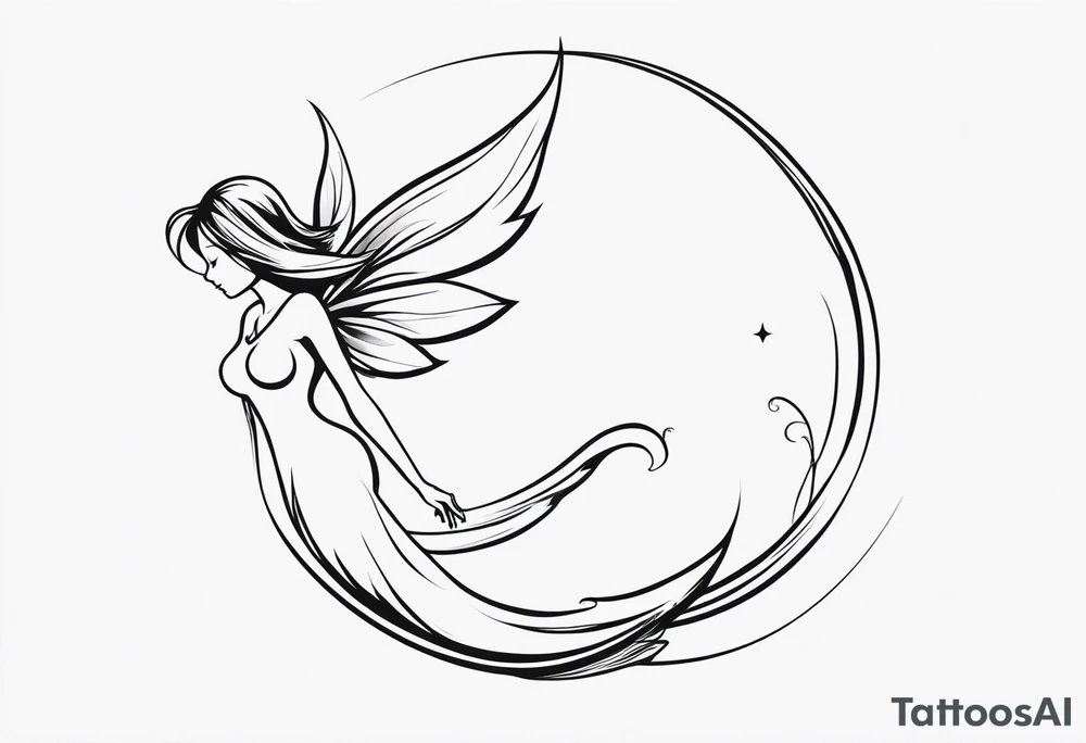 Minimalistic, monochromatic fairy with a tail flying to the left in a fetal position, leaning and looking in the same direction, with visible hands, embodying the 'Fairy Tail' logo aesthetic. tattoo idea