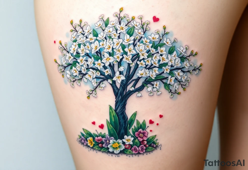 Flowering hawthorne tree with white lilly of the vally bell plants planted by  tree with other colorful  lilly plants on ground tattoo idea