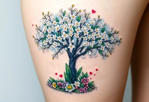 Flowering hawthorne tree with white lilly of the vally bell plants planted by  tree with other colorful  lilly plants on ground tattoo idea