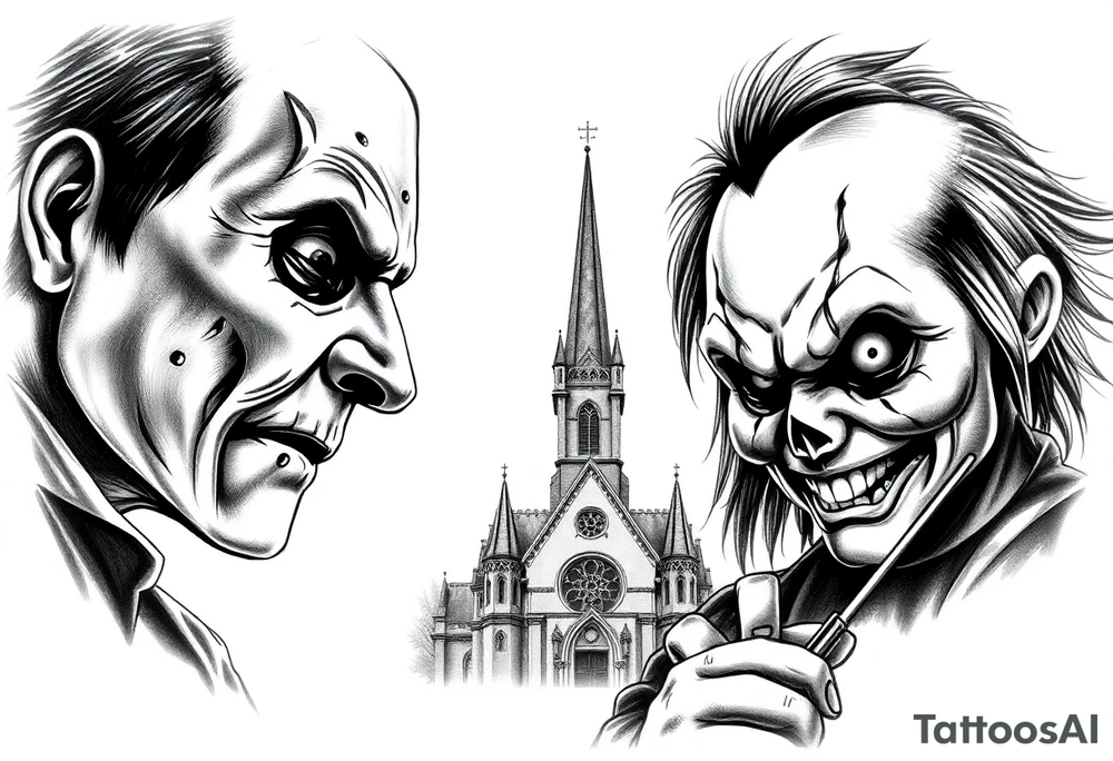 Jason Freddy and chucky looking sinister. An old gothic church is in the back ground. tattoo idea