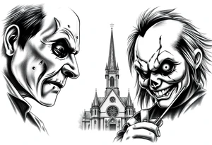 Jason Freddy and chucky looking sinister. An old gothic church is in the back ground. tattoo idea