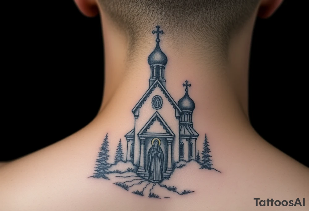 Traditional russian orthodox church in a wilderness setting with a prominent orthodox style virgin mary tattoo idea