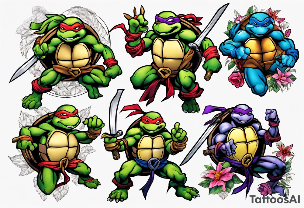teenage mutant ninja turtles fighting with floral accents tattoo idea