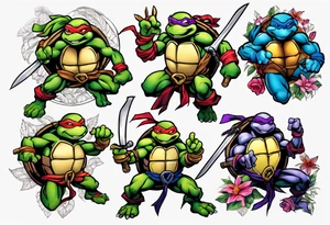 teenage mutant ninja turtles fighting with floral accents tattoo idea