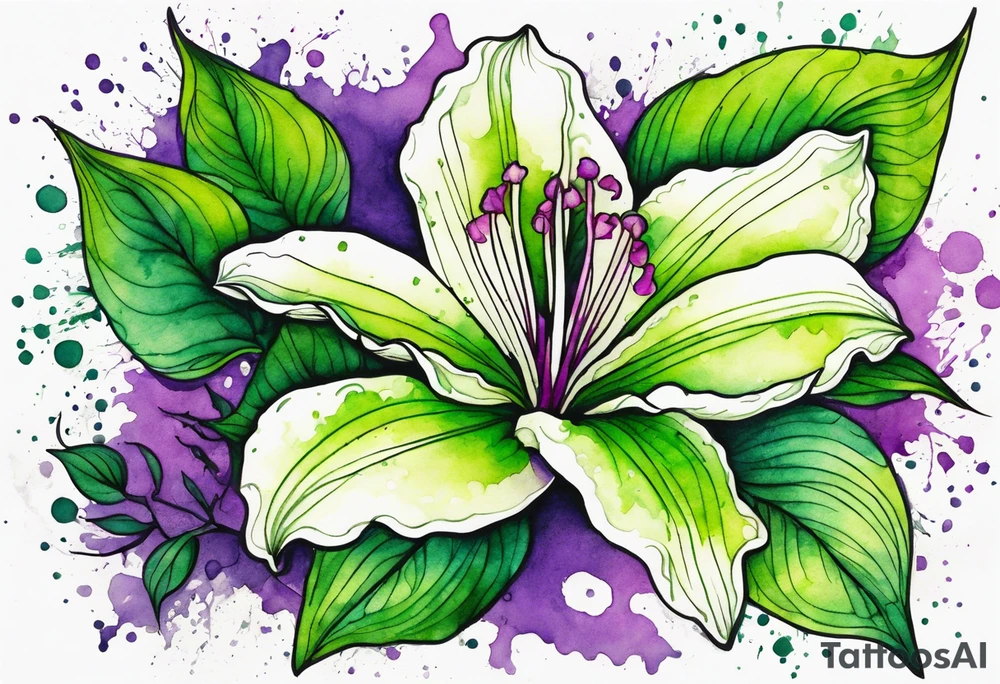 An outline of an only green rio dipladenia flower and a green and purple watercolor splash in the background tattoo idea