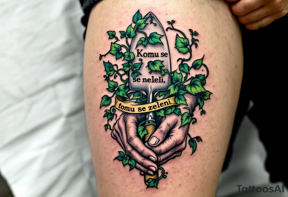 "Komu se neleni, tomu se zeleni." — Lush green vines wrapping around a pair of hard-working hands holding a trowel, with the phrase blooming along the handle. tattoo idea