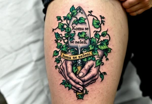"Komu se neleni, tomu se zeleni." — Lush green vines wrapping around a pair of hard-working hands holding a trowel, with the phrase blooming along the handle. tattoo idea