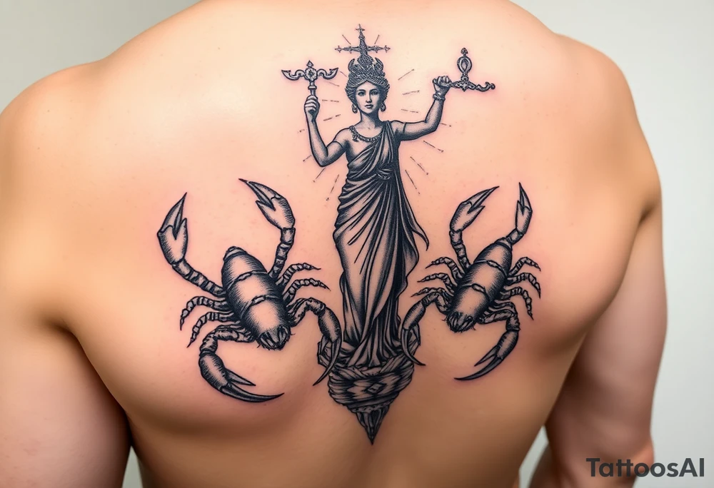 powerful majestic scorpions next to the figure of Lady Justice tattoo idea