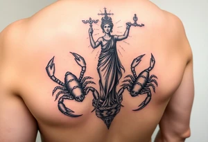 powerful majestic scorpions next to the figure of Lady Justice tattoo idea