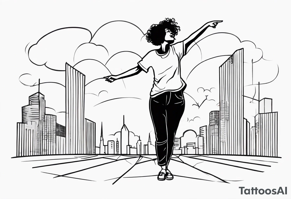 Ugly woman standing with bent knees on a dancefloor pointing her fingers up in the sky yelling "woop woop" tattoo idea