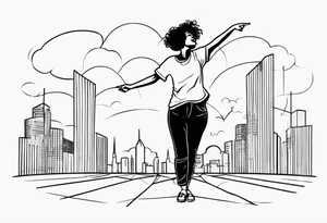 Ugly woman standing with bent knees on a dancefloor pointing her fingers up in the sky yelling "woop woop" tattoo idea