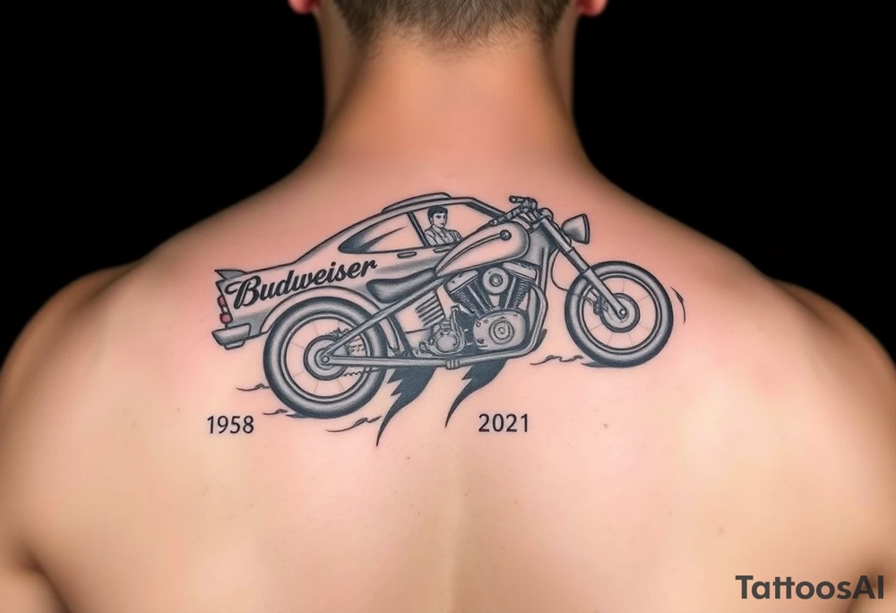 Dale Earnhardt car on it with the year 1958 - 2021 intertwined with a motorcycle with a Budweiser logo on it tattoo idea