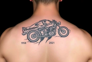 Dale Earnhardt car on it with the year 1958 - 2021 intertwined with a motorcycle with a Budweiser logo on it tattoo idea
