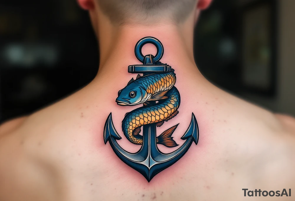 Catfish Wrapped Around Anchor – A dark blue-gray catfish coiled protectively around a weathered iron anchor, symbolizing strength, grounding, and loyalty. tattoo idea