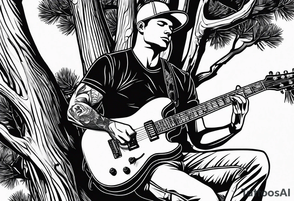 man playing electric guitar while sitting in a pine tree. simple tattoo idea man playing electric guitar while sitting in a pine tree. simple tattoo idea